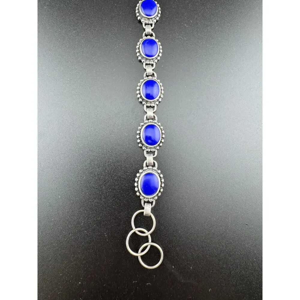 Sterling Silver 925 Blue Glass/Lucite Cabochon Bracelet
